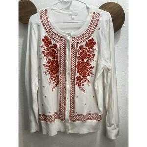 Charter Club White Cardigan Sweater Womens XL Floral Embroidery Beaded Red Roses